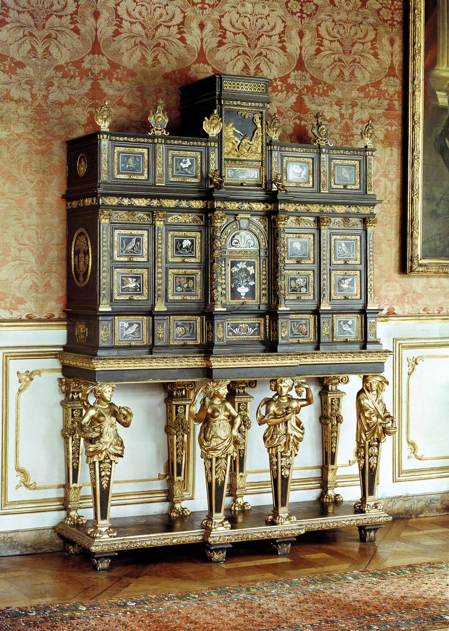 Louis XIV smykkeskab, Gobelins Workshop, ca. 1685 (bronze og ibenholt) af French School