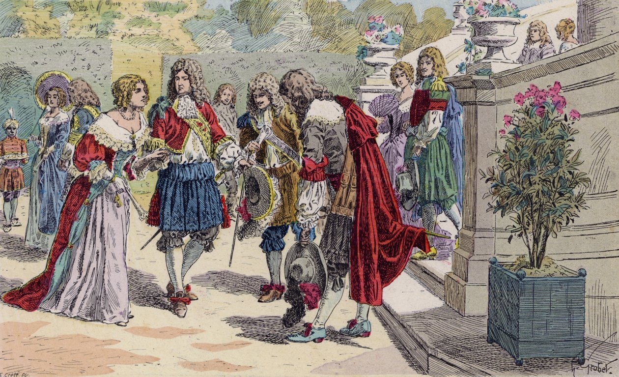 Ludvig XIV af Frankrig og hans hof i Versailles (farvelitografi) af French School