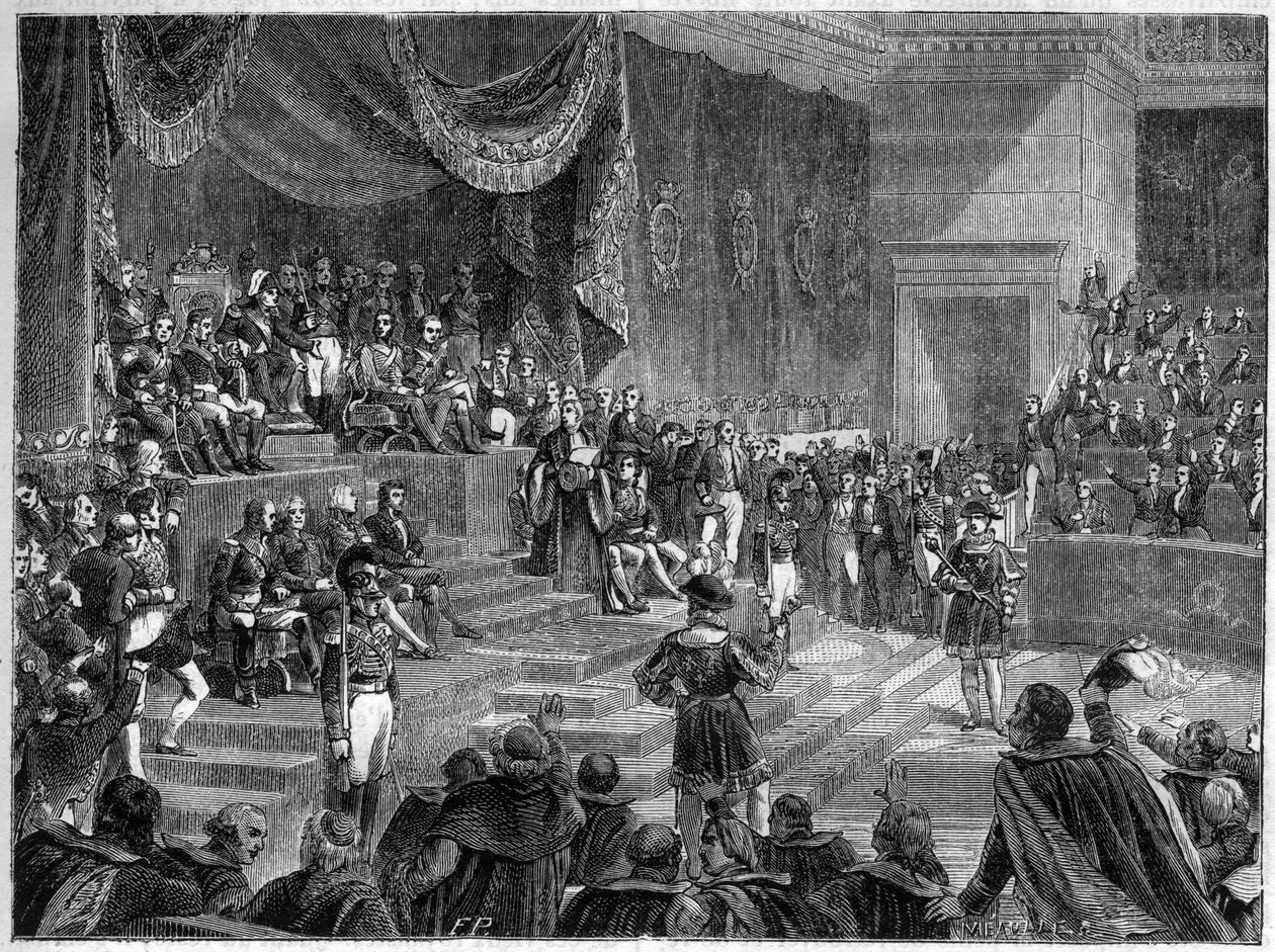 Ludvig XVIII og oprettelsen af det konstitutionelle monarki - konstitutionelt charter af 4. juni 1814 - Ludvig XVIII præsiderer over åbningen af kamrenes session den 4. juni 1814 i Palais Bourbon i Paris - i "Histoire de l