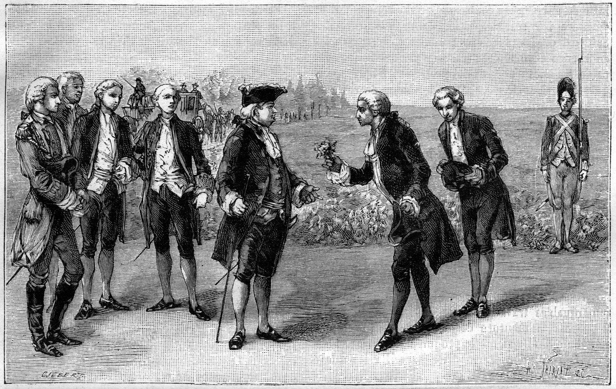 Louis XVI (1754-1793) besøgte den første kartoffelmark på Sablons-sletten (nuværende avenue de la Grande Armee, Paris), og Antoine Augustin Parmentier (1737-1813) tilbød ham kartoffelblomster omkring 1785. Indgravering i " "La Nature. Revue des sciences af French School