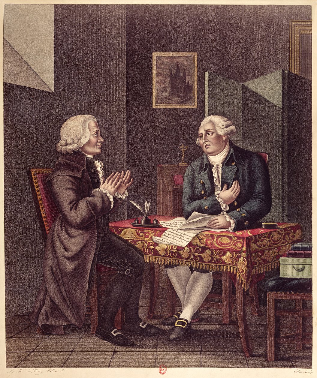 Ludvig XVI (1754-93) Læser sin sidste vilje og testamente for Guillaume de Lamoignon de Malesherbes (1721-94) i templet, 25. december 1793 af French School