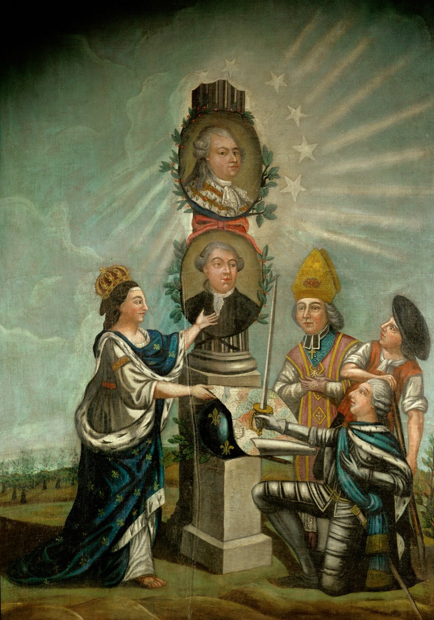 Ludvig XVI og hans finansminister Jacques Necker, beundret af de tre stænder i Frankrig, aristokratiet, præsteskabet og borgerskabet ... af French School