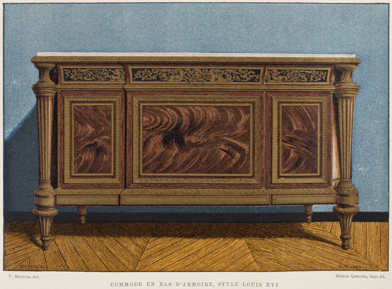 Louis XVI kommode som garderobebund, illustration fra Dictionnaire de lameublement et de la dekoration af Henry Havard, bind 1, tallerken 54, Paris, Maison Quantin, 1878 af French School