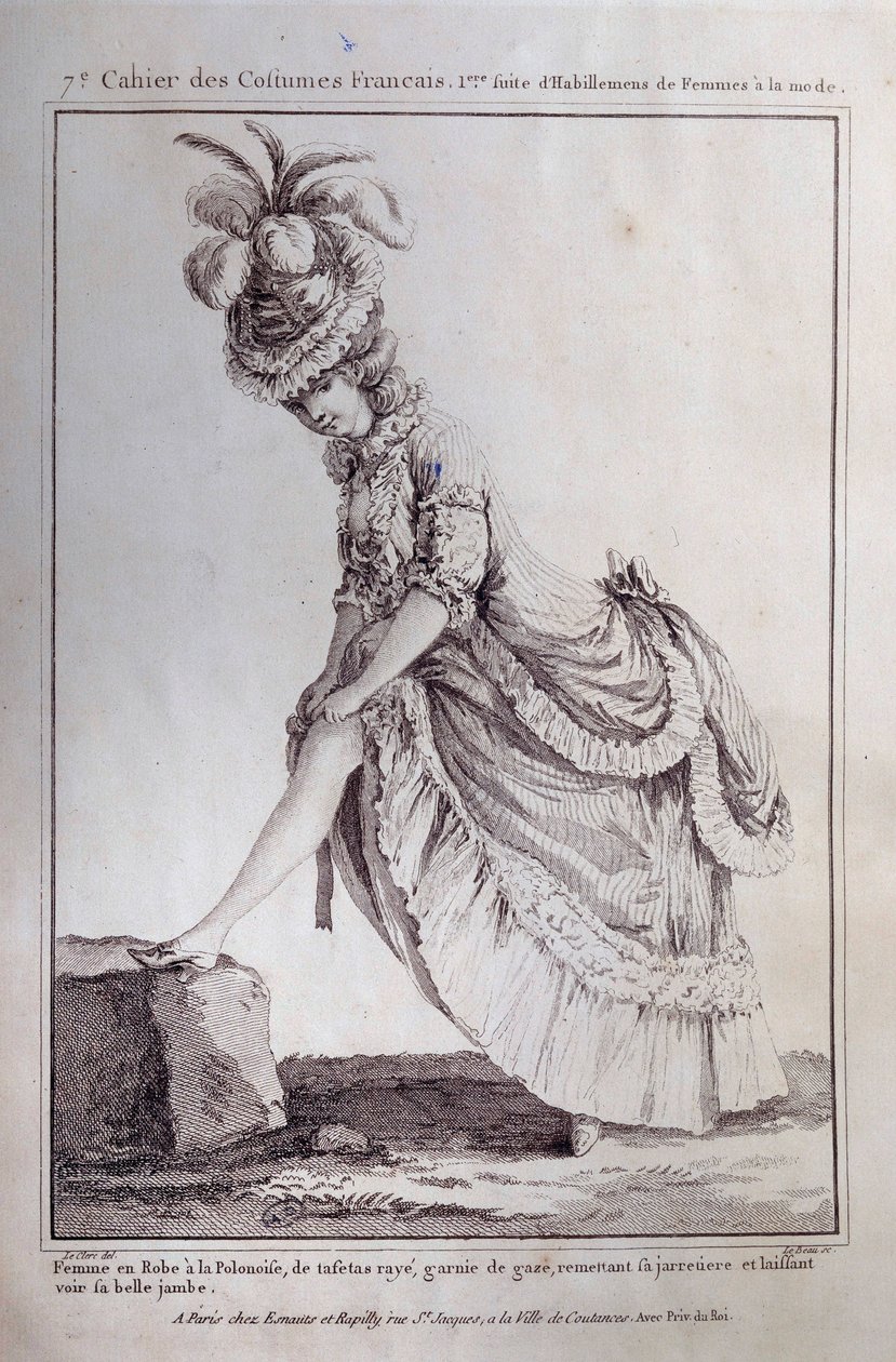 Louis XVI mode: et fodportræt af en ung kvinde i en polsk kjole i stribet taft. Stik fra 1778. Paris, dekorativ kunst af French School