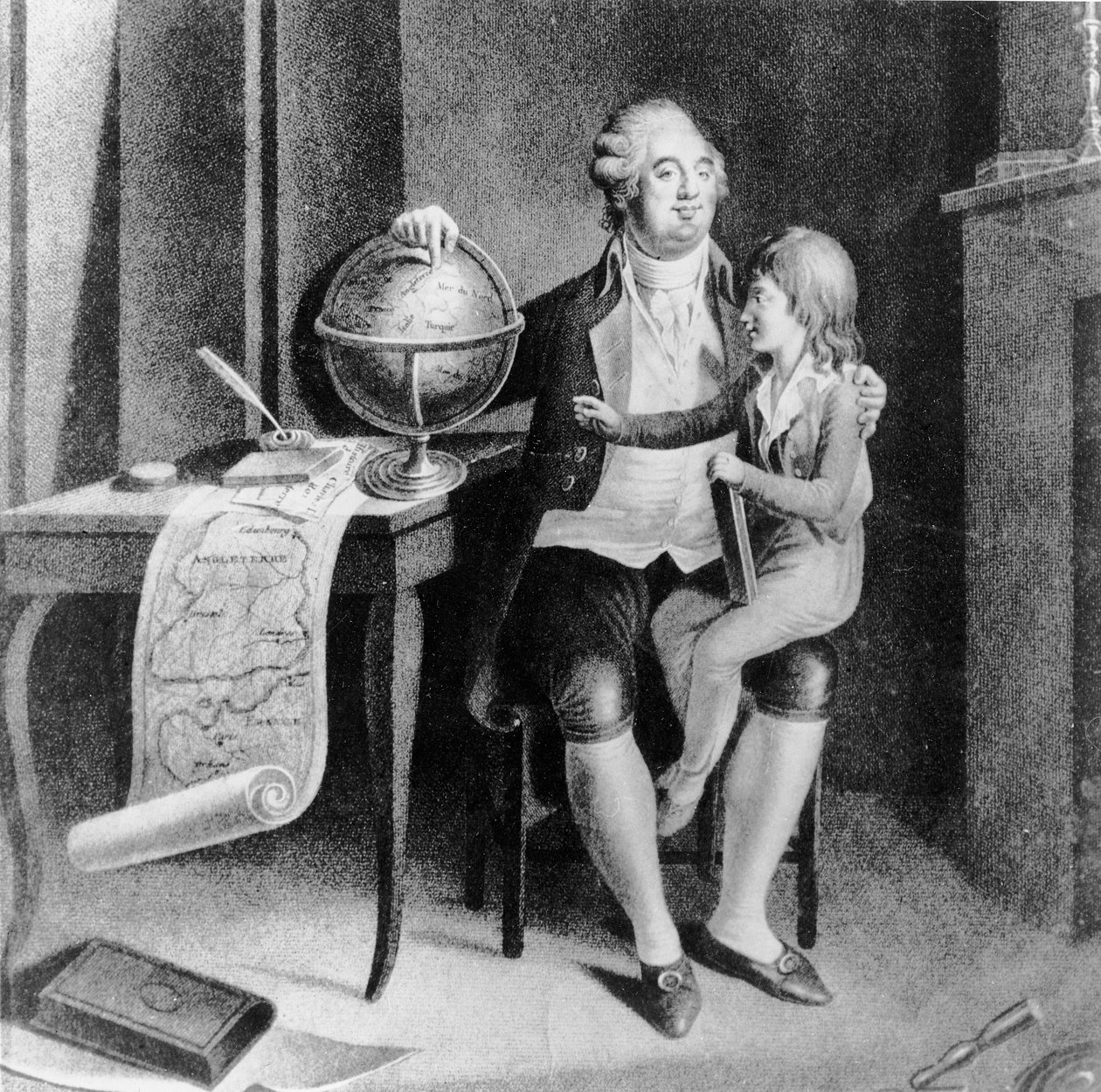 Ludvig XVI underviser i geografi til Dauphin (litho) af French School