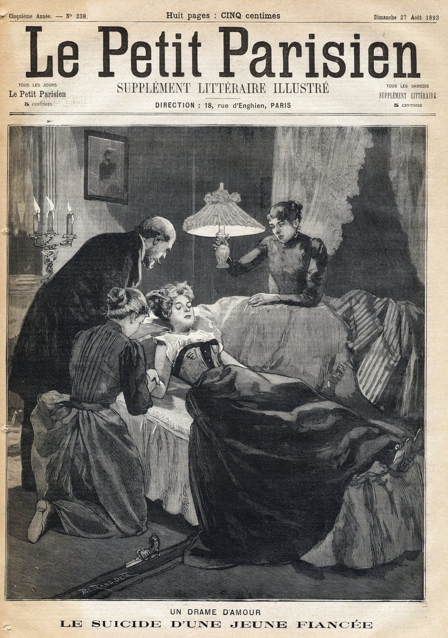 Love Drama: Selvmord af en 17-årig forlovede efter hendes mands død. En af avisen "Le petit Parisien"" den 27/08/1893 (gravering) af French School