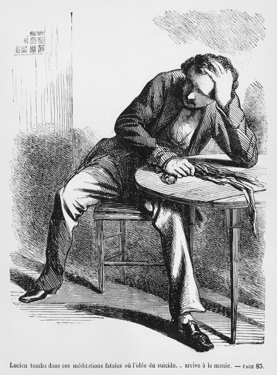 Lucien de Rubempre tænker på selvmord, illustration fra Splendeurs et Miseres des Courtisanes af Honore de Balzac, udgivet 1867 af French School