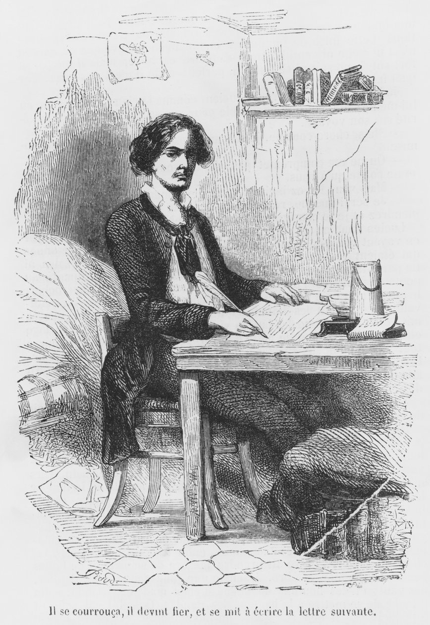 Lucien de Rubempre skriver et brev, illustration fra 