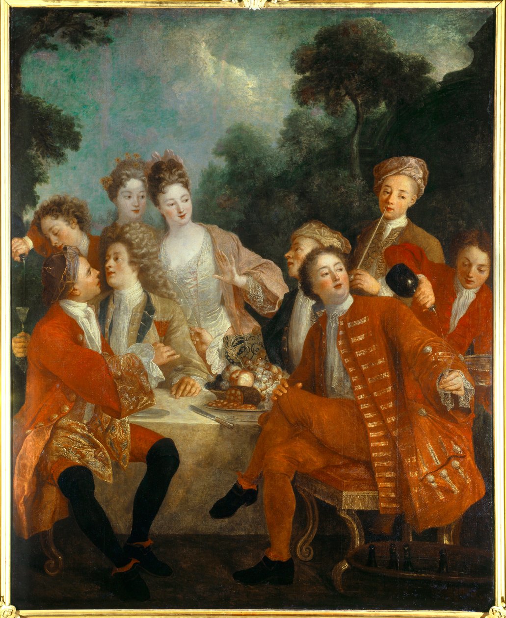 Frokost i Parc Des nobles ved en landbanket. Maleri af den franske skole i det 18. århundrede. Orleans Museum of Fine Arts af French School