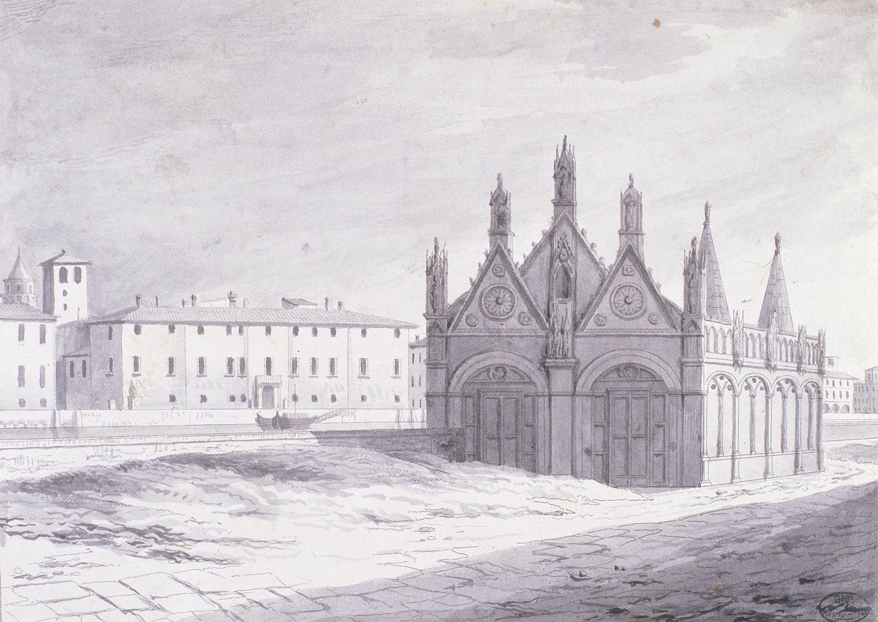 Lungarno, Santa Maria della Spina, Pisa (pen og blæk på papir) af French School