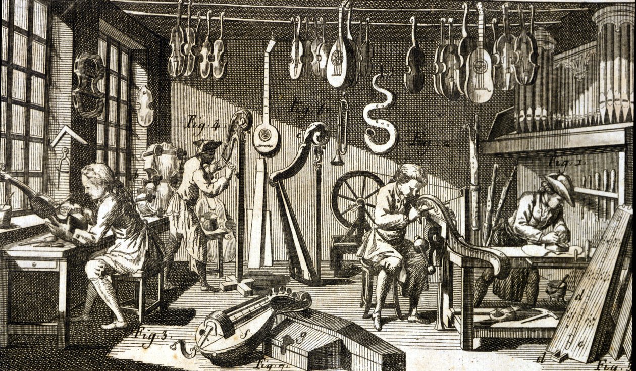 Luthiers værksted. Gravering - i Encyclopedia of Diderot and D
