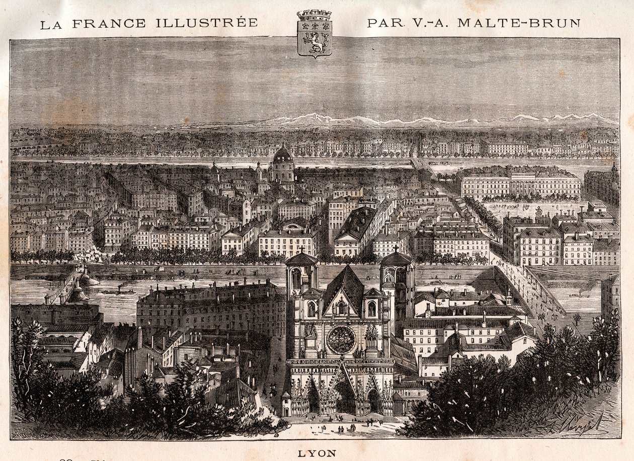 Lyon - indgravering i "La France illustrée: geografi, historie, statistisk administration" af V.A. Malt-Brown. 1884 af French School