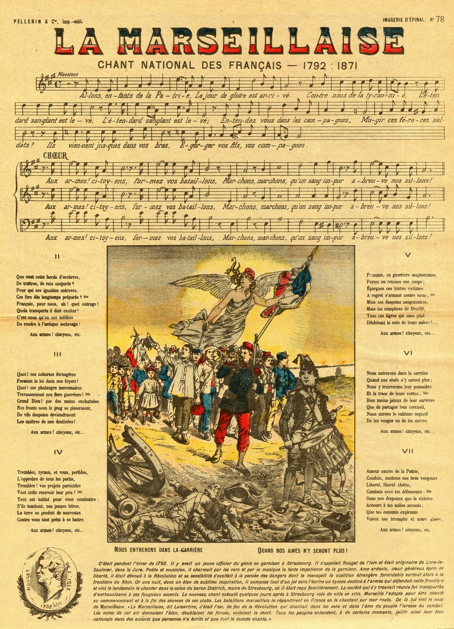 Tekst og musik til Marseillaisen, den franske hymne komponeret af Rouget de Lisle (Rouget de L