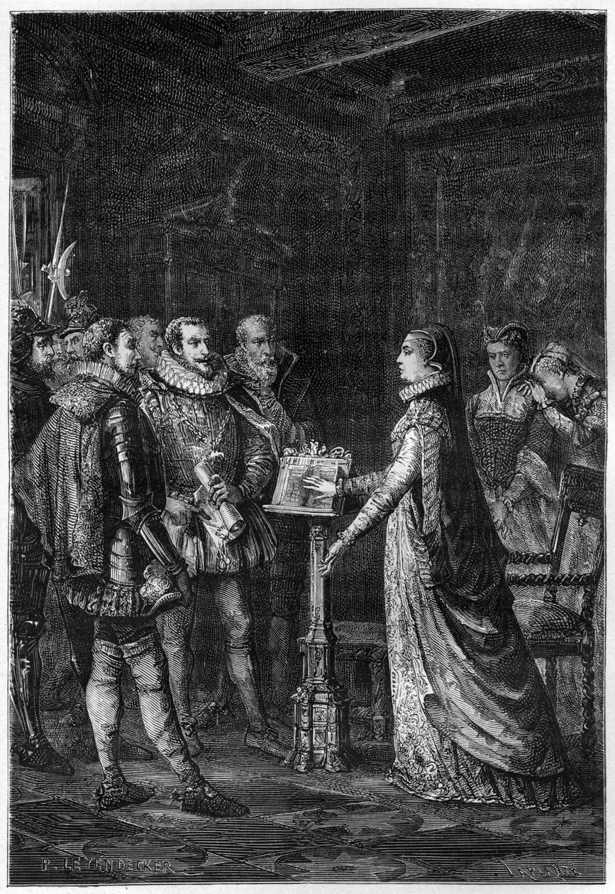 MARY STUART (1542-1587) Skottens dronning. Mary Stuart sværger, at hun aldrig har planlagt at tage livet af dronning Elizabeth I af England - indgravering fra "L
