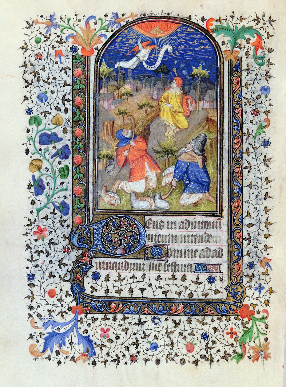 MS 1278 fol.106v Bebudelse til hyrderne, fra Heures a lusage de Troyes, af Studio of the Master of the Rohan Hours, c,1413-20 af French School