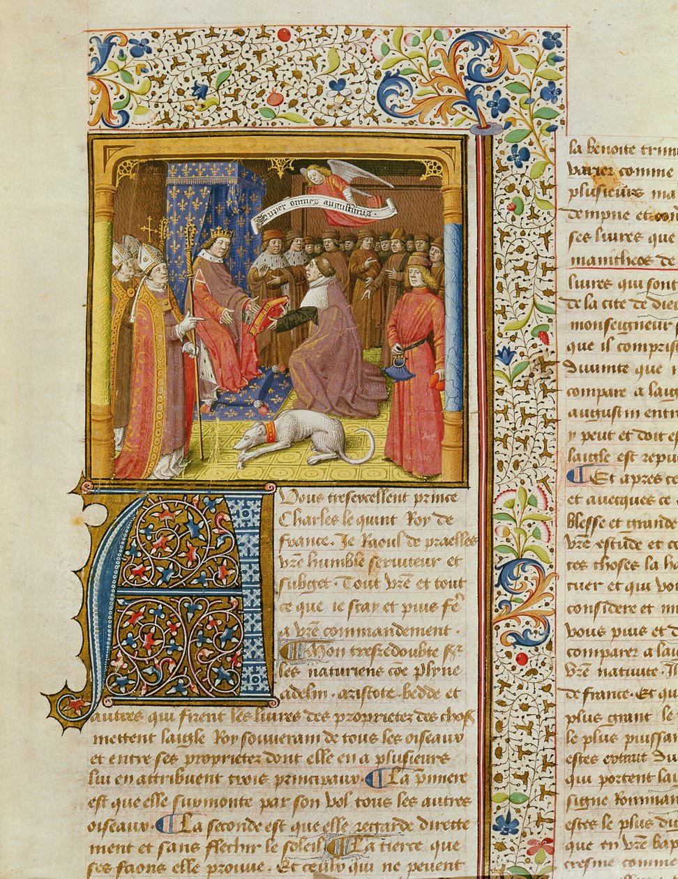 MS 246 f.1r Raoul de Presles præsenterer sin oversættelse til Charles V (1338-80) fra La Cite de Dieu af St. Augustine, oversat af Raoul de Presles (1316-82) c.1400-50 af French School