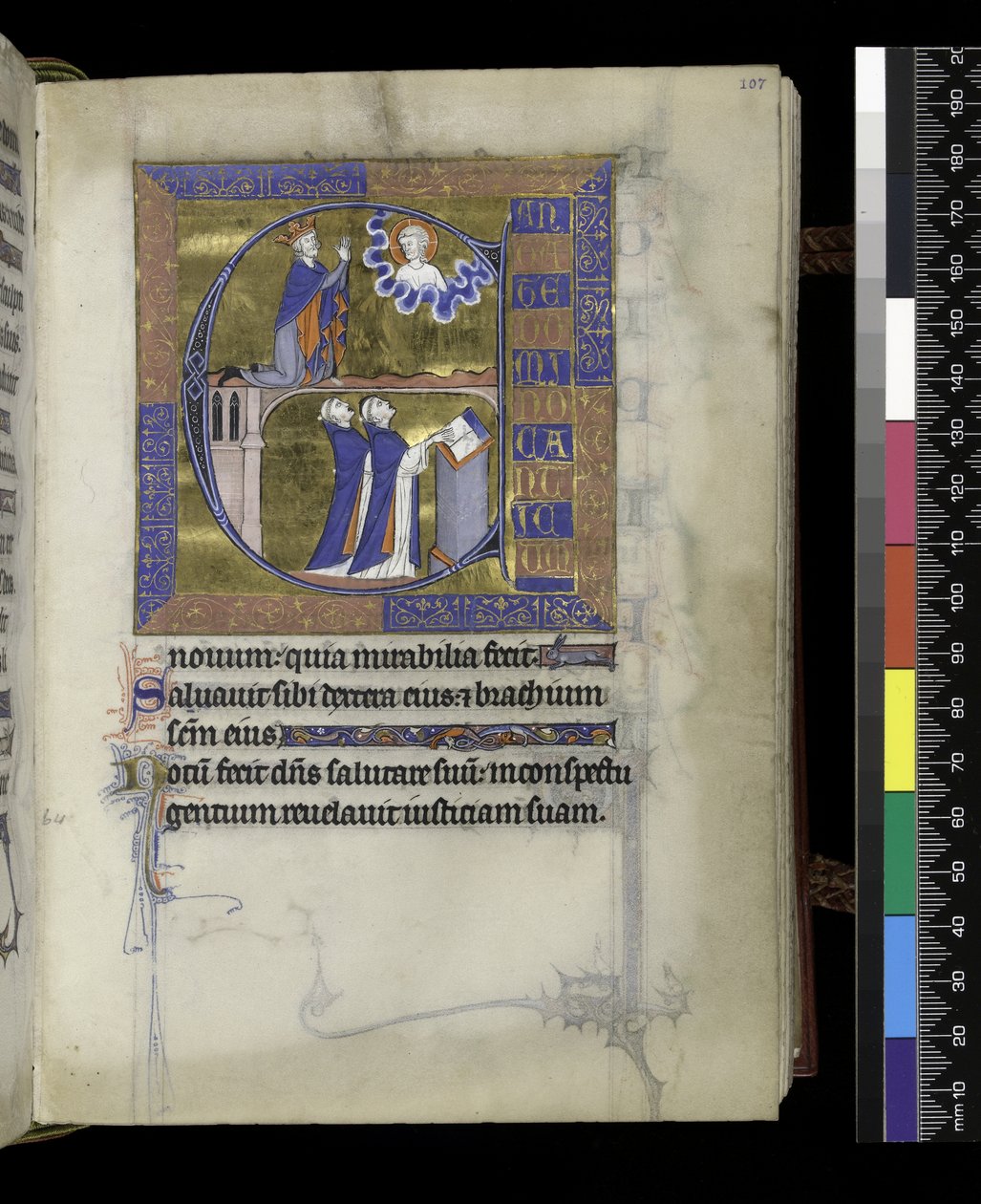 MS 300 f.107r, David beder til Gud (ovenfor), to gejstlige (nedenfor), fra Isabellas Salter og Timer, Paris, ca. 1265-70 (pen & blæk og tempera på pergament) af French School