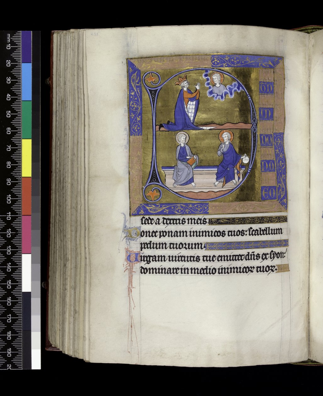 MS 300 f.125v, David beder til Gud (ovenfor); Gud med kugle og Kristus med bog siddende på bænken (nedenfor), fra Isabellas Salter og Timer, Paris, ca. 1265-70 (pen & blæk og tempera på pergament) af French School