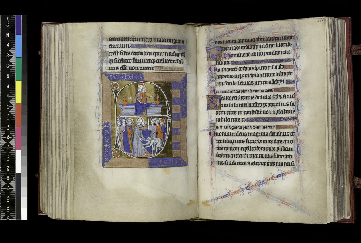 MS 300 f.177v-178r, måtter, jomfru og barn siddende mellem to vaser på bænken (ovenfor); Forræderi mod Kristus, hvor Judas kyssede Kristus, og Sankt Peter, der skærer Malchus