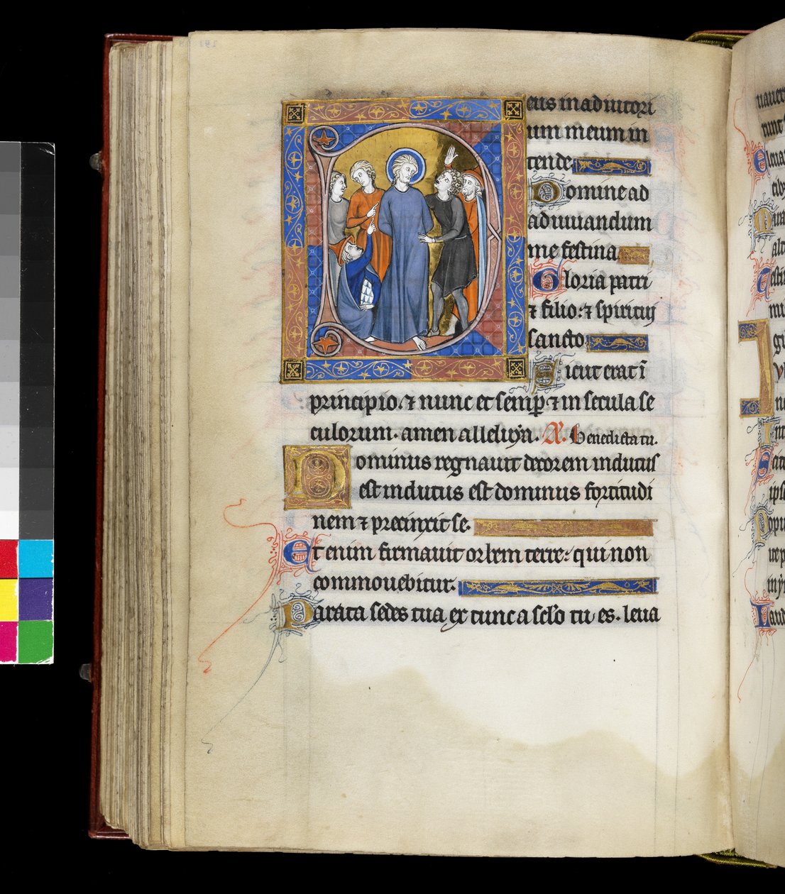 MS 300 f.191v, Hån mod Kristus med Jesus, omgivet af plageånder, inklusive to mænd i jødiske kasketter, fra Isabellas Salter og Timer, Paris, ca. 1265-70 (pen & blæk og tempera på pergament) af French School