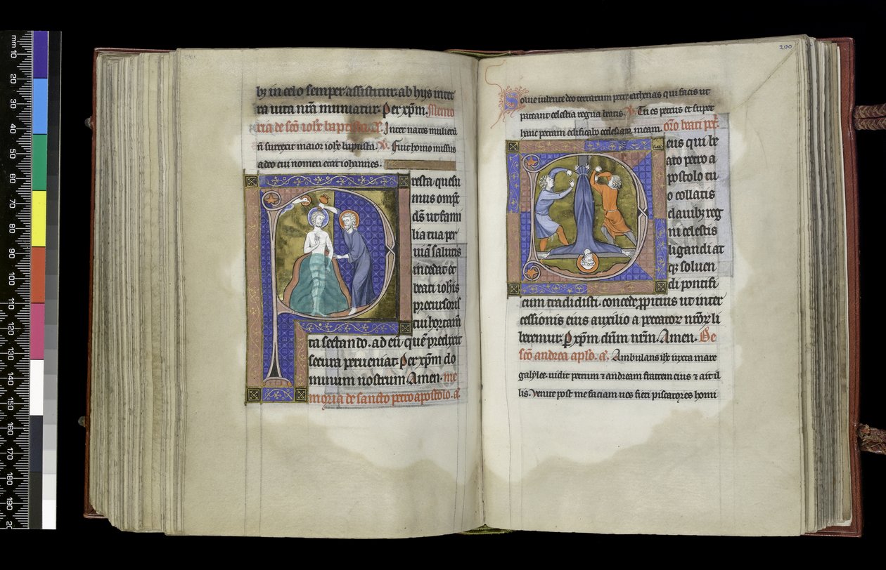 MS 300 f.199v-200r, Stemmeret til Johannes Døberen og Stemmeret til Sankt Peter, fra Isabellas Salter og Timer, Paris, ca. 1265-70 (pen & blæk og tempera på pergament) af French School
