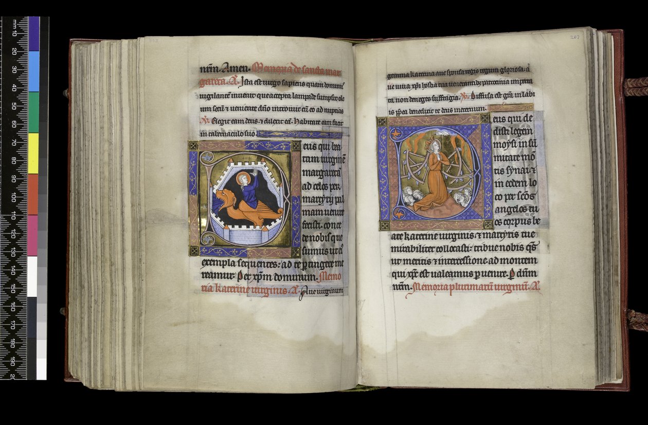 MS 300 f.206v-207r, Valgret til Skt. Margaret og Stemmeret til Skt. Catherine, fra Isabellas Salter og Timer, Paris, ca. 1265-70 (pen & blæk og tempera på pergament) af French School