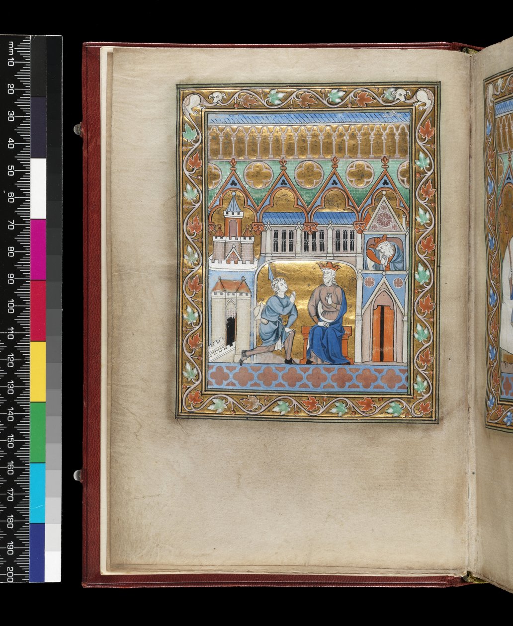 MS 300 f.IIIv, David, vist to gange, får kendskab til Absaloms død, fra Isabellas psalter og timer fra Frankrig, Paris, ca. 1265-70 (pen & blæk og tempera på pergament) af French School
