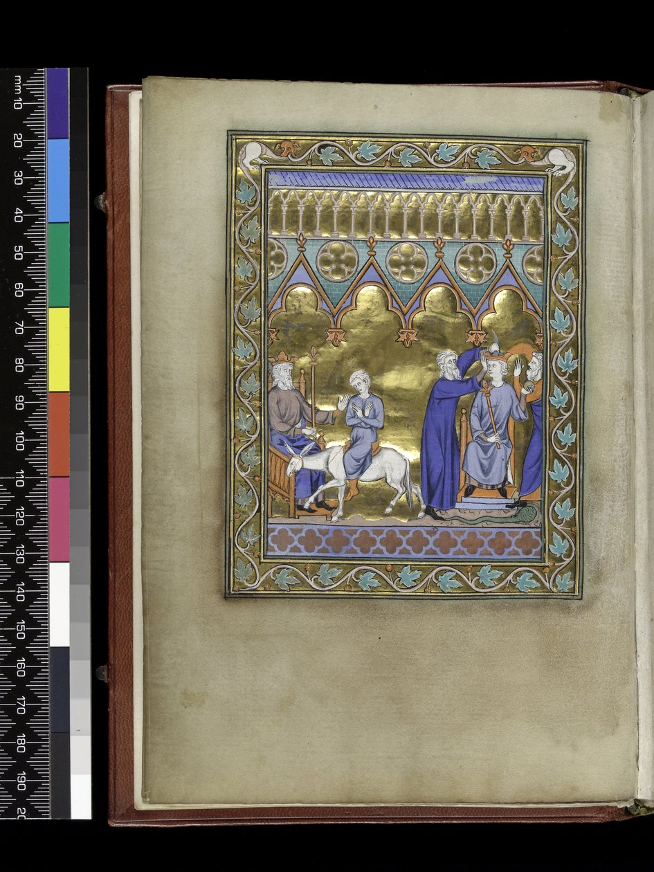 MS 300 f.Vv, David, på tronen, sender Salomon til Sadoc og Nathan, som kroner og salver ham, fra Isabellas Salter og Timer, Paris, ca. 1265-70 af French School