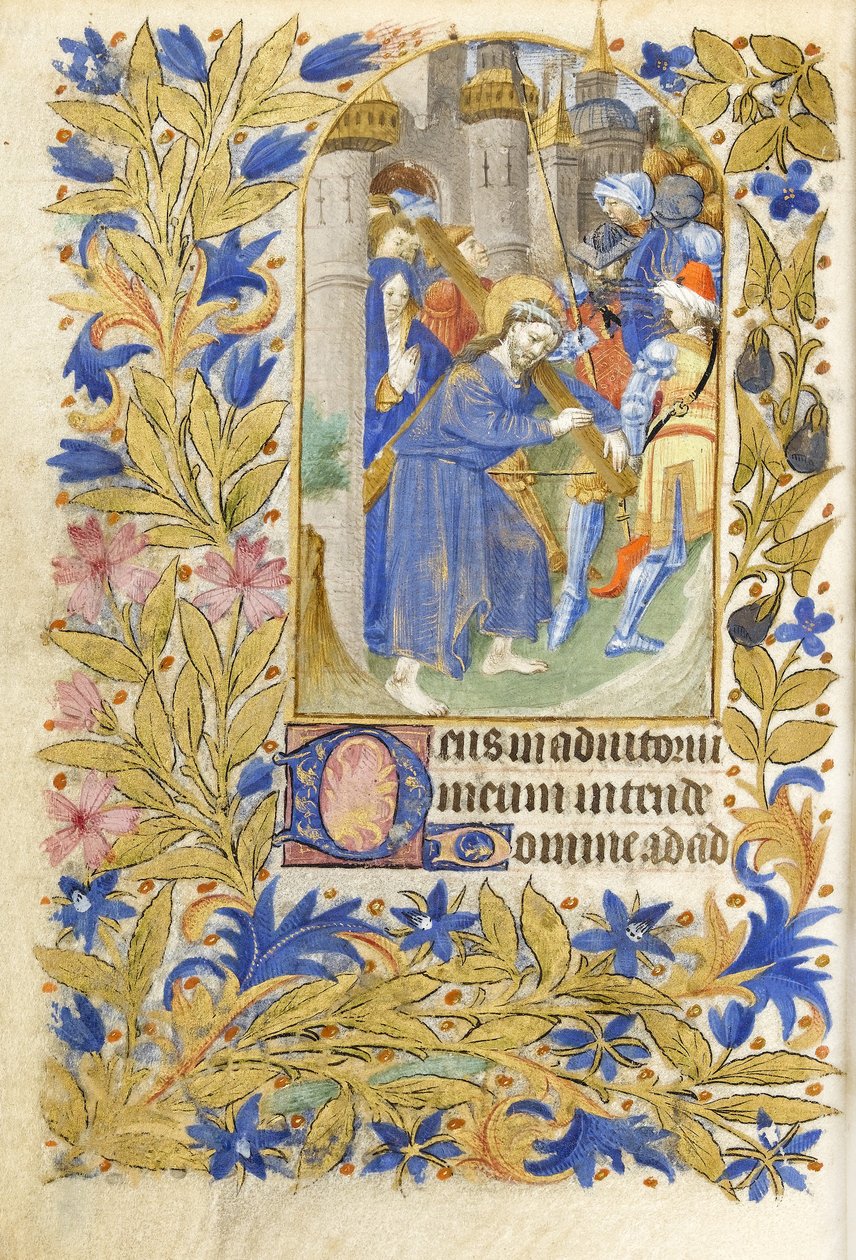 MS 39-1950 f.146v Christ Carrying the Cross, 1464 (guld, sølv og farvet blæk på pergament) af French School
