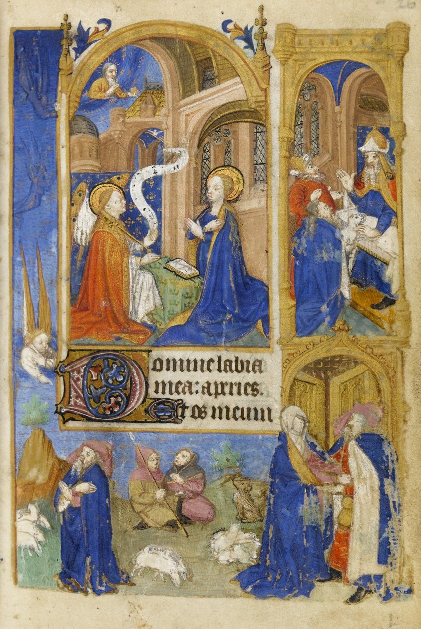 MS 39-1950 f.26r The Annunciation and Annunciation to the Shepherds, 1464 (guld, sølv & farvet blæk på pergament) af French School