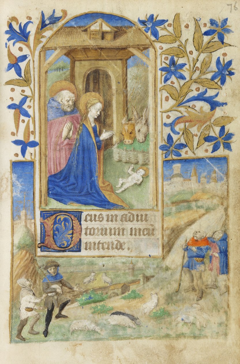 MS 39-1950 f.76r The Nativity, 1464 (guld sølv & farvet blæk på pergament) af French School