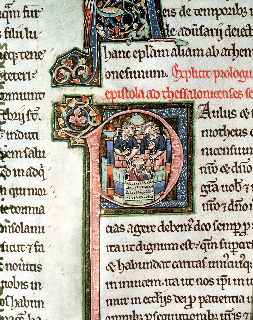 MS 3 Fol. 291v The Escape of Saint Paul fra Damaskus, belyst begyndelsesbogstav P, 13. århundrede, fra Avranches Bible af French School