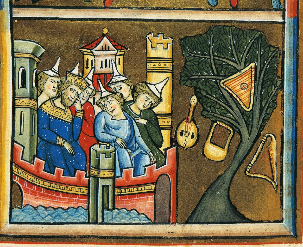 MS CXXXVII fol. 139v, sørgende jøder i Babylon, fra Sankt Elizabeths Psalter (tempera & bladguld på vellum) af French School