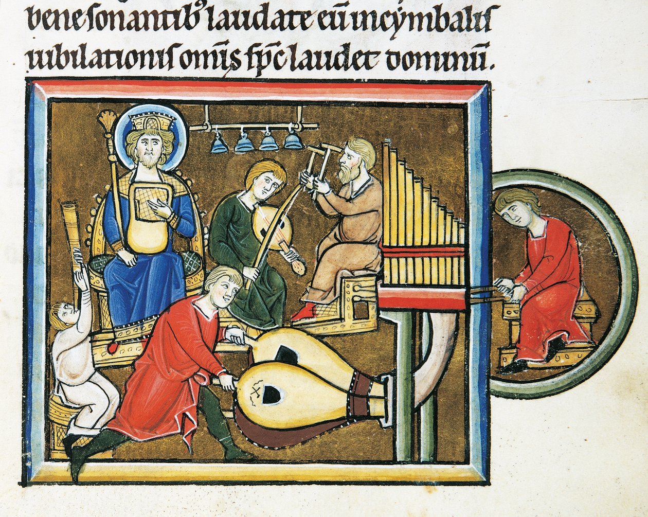 MS CXXXVII fol. 149r, Kong David holder psalteren og musikere spiller, fra Sankt Elizabeths Psalter (tempera & bladguld på vellum) af French School