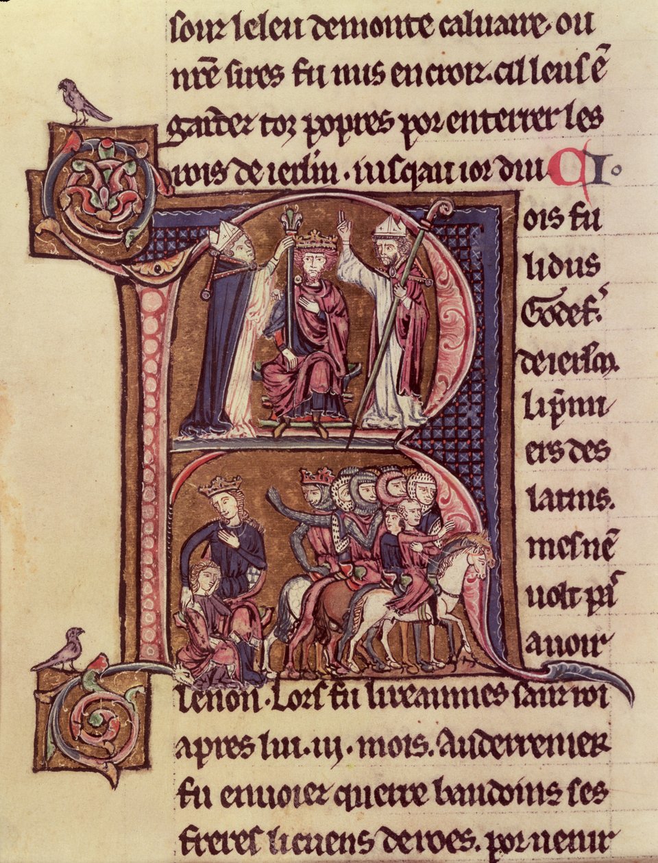 MS Fr 9081 f.99v Historikert initial R, der forestiller kong Baldwin I af Flandern (1171-1205), der blev kronet som den latinske kejser i 1204 og hans generøsitet over for en tyrkisk kvinde, der sender sit barn afsted af French School