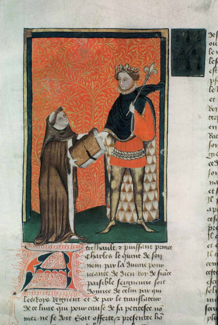 MS Hunter 8 f.9r Oversætteren Courbichon præsenterer bogen for Charles V af French School