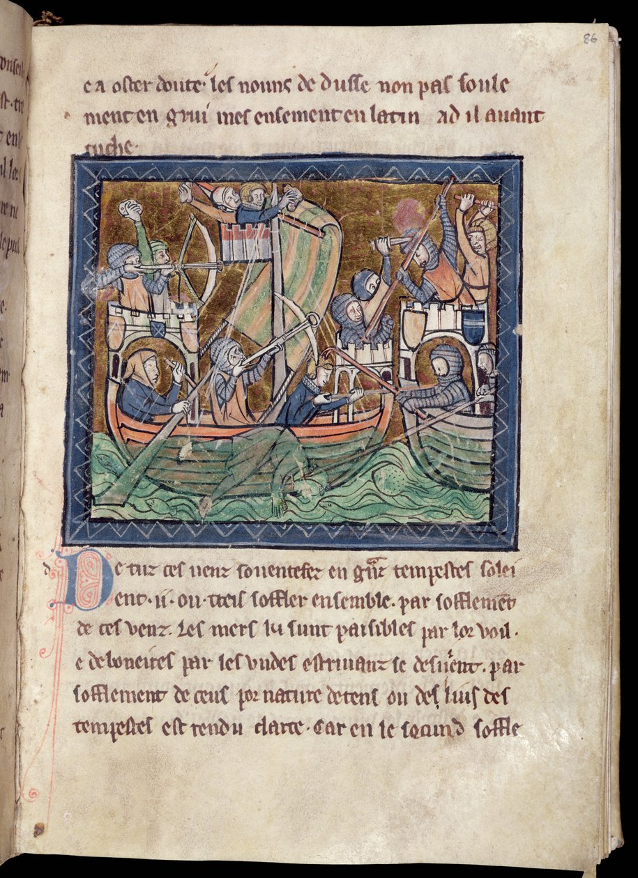 MS Marlay Tilføj 1 f.86 Side med tekst med belysning af et søslag, fra De Re Militari, c.1270 af French School