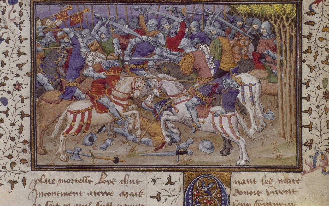 MS Royal 20 B.XX fol.16v Filips nederlag af Pausanias, med beredne riddere, der kæmper, fra 