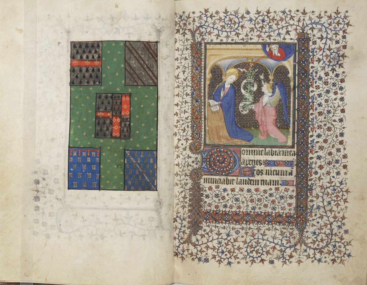 MS Widener 4, ff.26v-27r, våbenskjold og bebudelsen, fra en timebog, brug af Rennes, ca. 1405 (pen & blæk og tempera på vellum) af French School