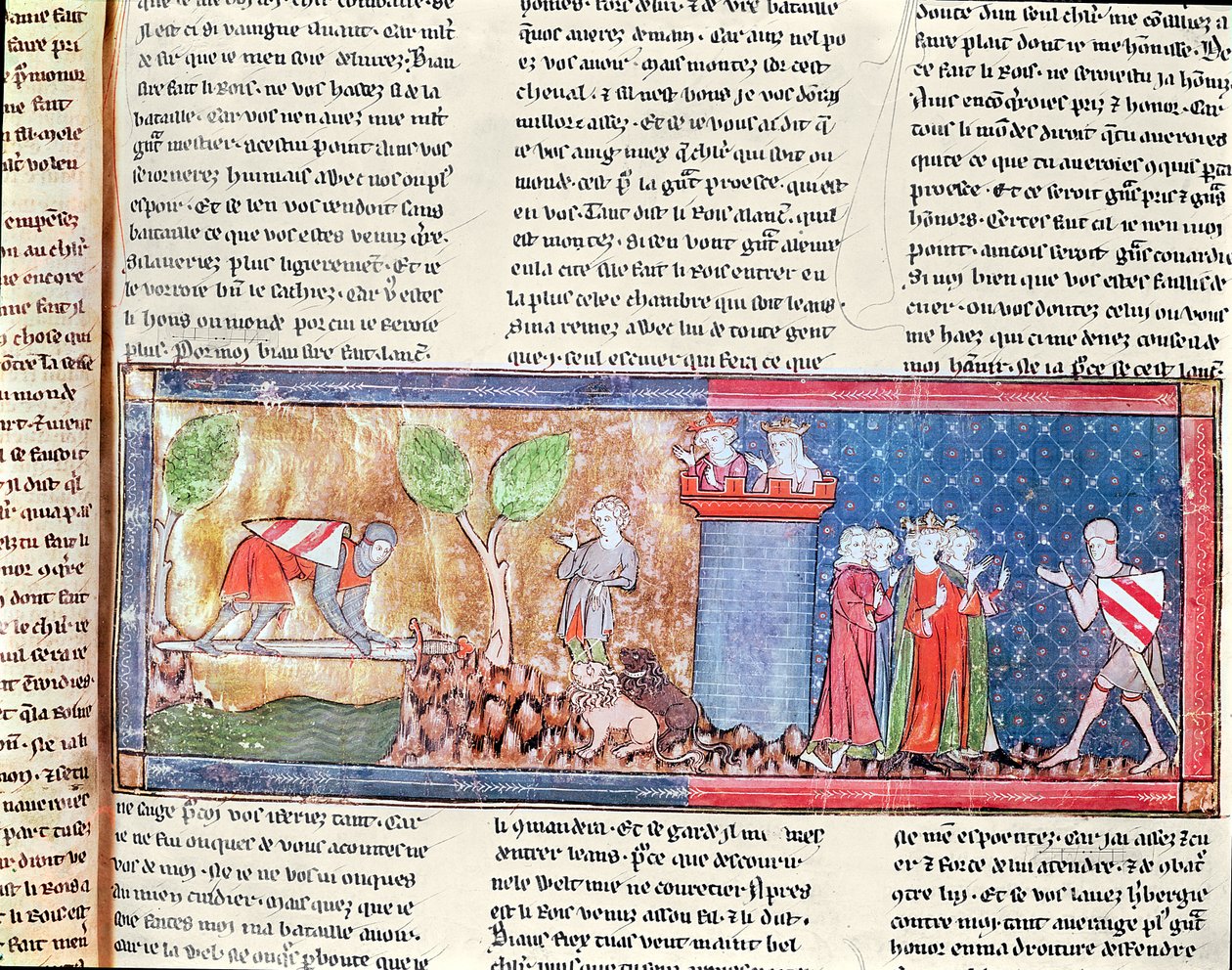 M. 806 f.166 Lancelot beviser sin kærlighed til Guinevere ved at krydse en flod broen af et skarpt sværd, fra Roman de Lancelot du Lac, 1344 af French School