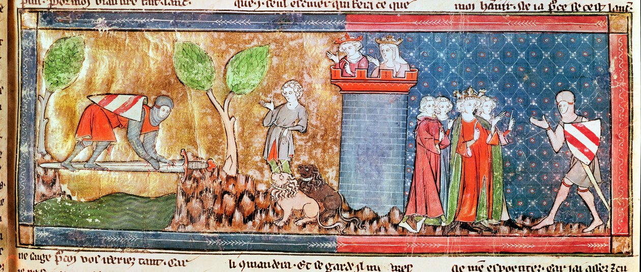 M. 806 f.166 Lancelot beviser sin kærlighed til Guinevere ved at krydse en flod broen af et skarpt sværd, fra Roman de Lancelot du Lac, 1344 af French School
