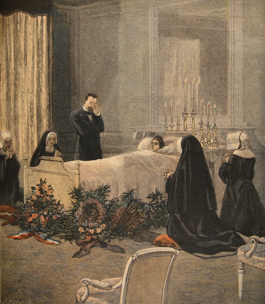 Madame Carnot på sit dødsleje, illustration fra Le Petit Journal: Supplement illustre, 16. oktober 1898 af French School