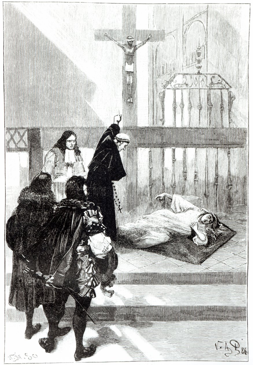 Madame de Sazilles uddrives i nærværelse af hertug Gaston dOrleans, illustration til Louduns besatte i Les Mysteres de la Science af Louis Figuier, 1886 af French School