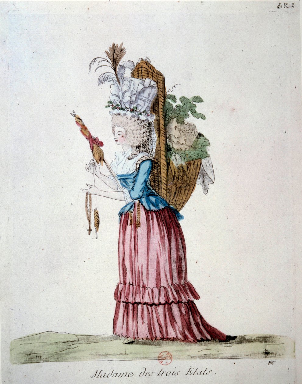 Madame of the Three States En kvinde, der bærer elegant tøj og bærer en kurv med frugt og grøntsager, der repræsenterer de tre stater på tidspunktet for den franske revolution. Stik fra 1789. Arsenals bibliotek, paris af French School
