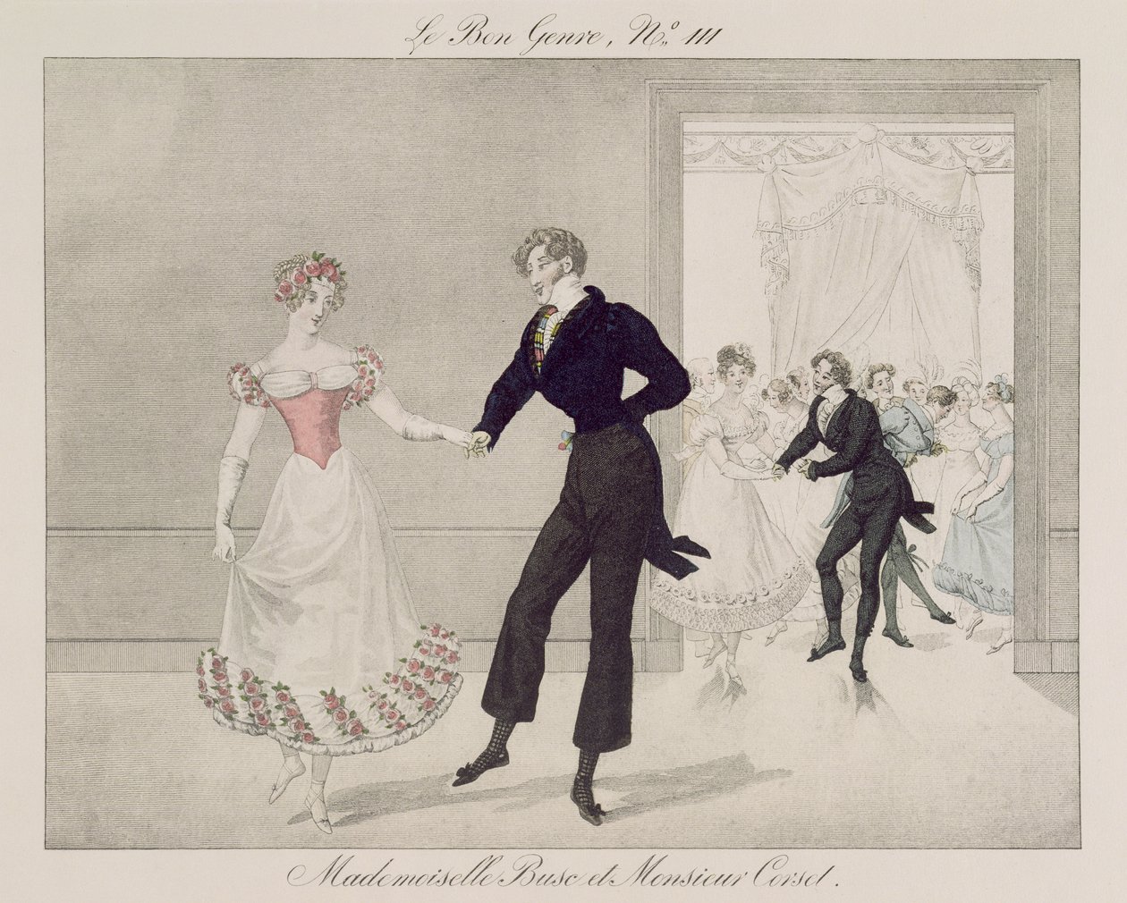 Mademoiselle Busc og Monsieur Corset, plade 111 fra le Bon Genre, ca. 1810 (farvegravering) af French School