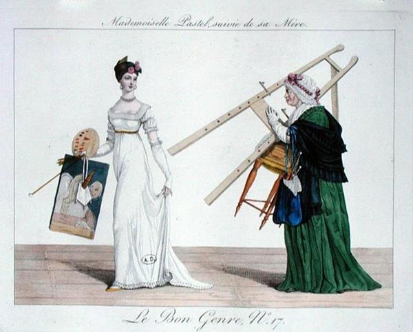 Mademoiselle Pastel efterfulgt af hendes mor, tallerken 17 fra 
