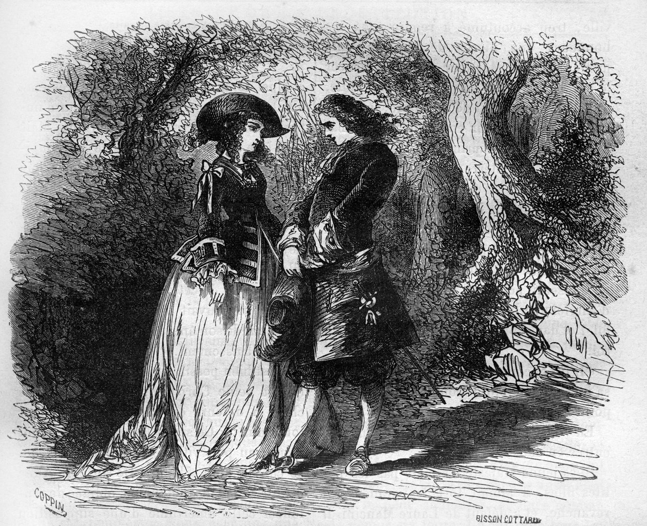 Mademoiselle de Pons mødte sin unge elsker Malicorne omkring 1653. Indgravering i "Prostitutionens og udskejelsens historie blandt alle verdens folkeslag fra antikken til i dag" af Dr. Th. -F. Debray. 1879. af French School