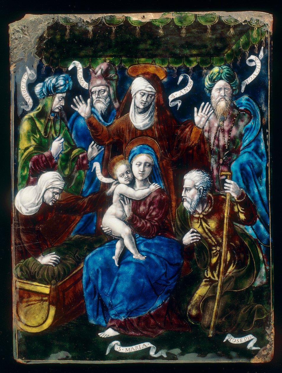 Madonna og barn, hellige og profeter, arbejder i majolica fra Penicaud-værkstedet af French School