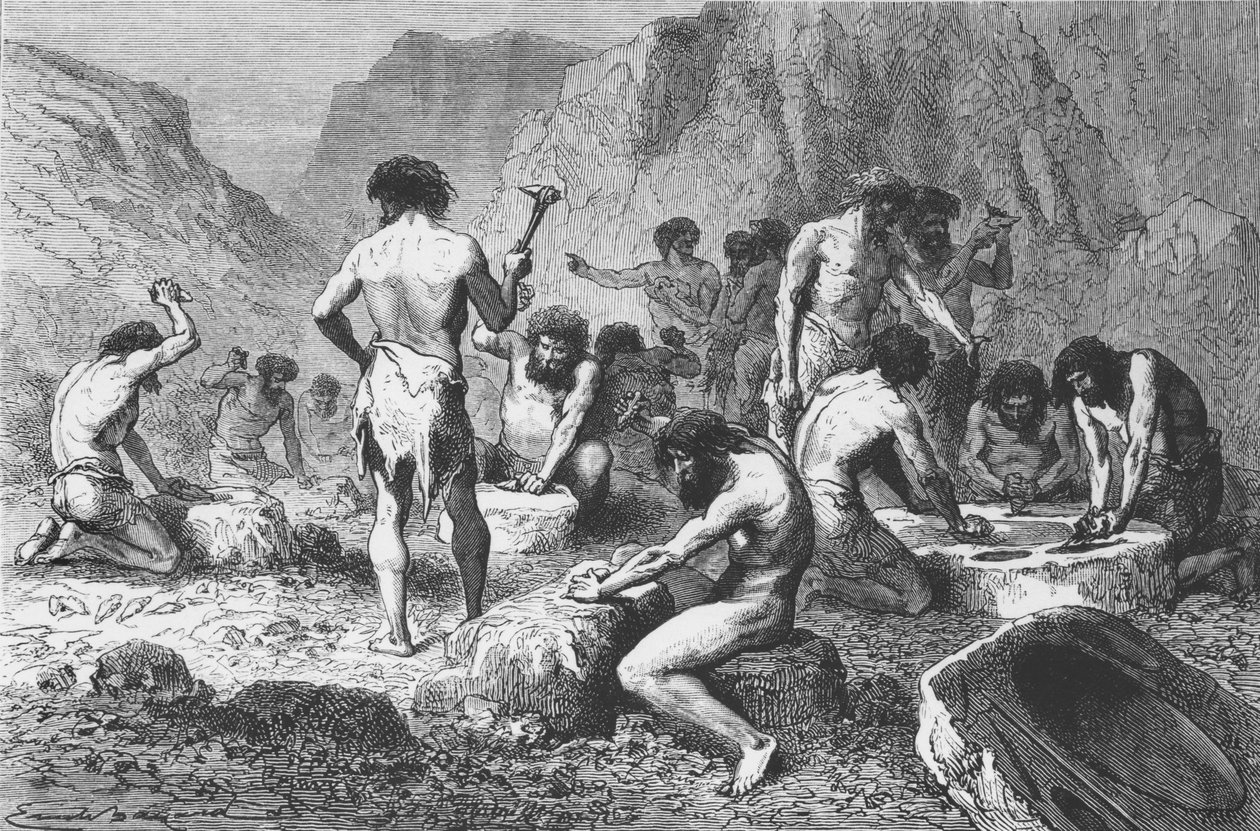 Fremstilling og polering af silex hos Pressigny, illustration fra LHomme Primitif af Louis Figuier, udgivet af Hachette, 1870 af French School