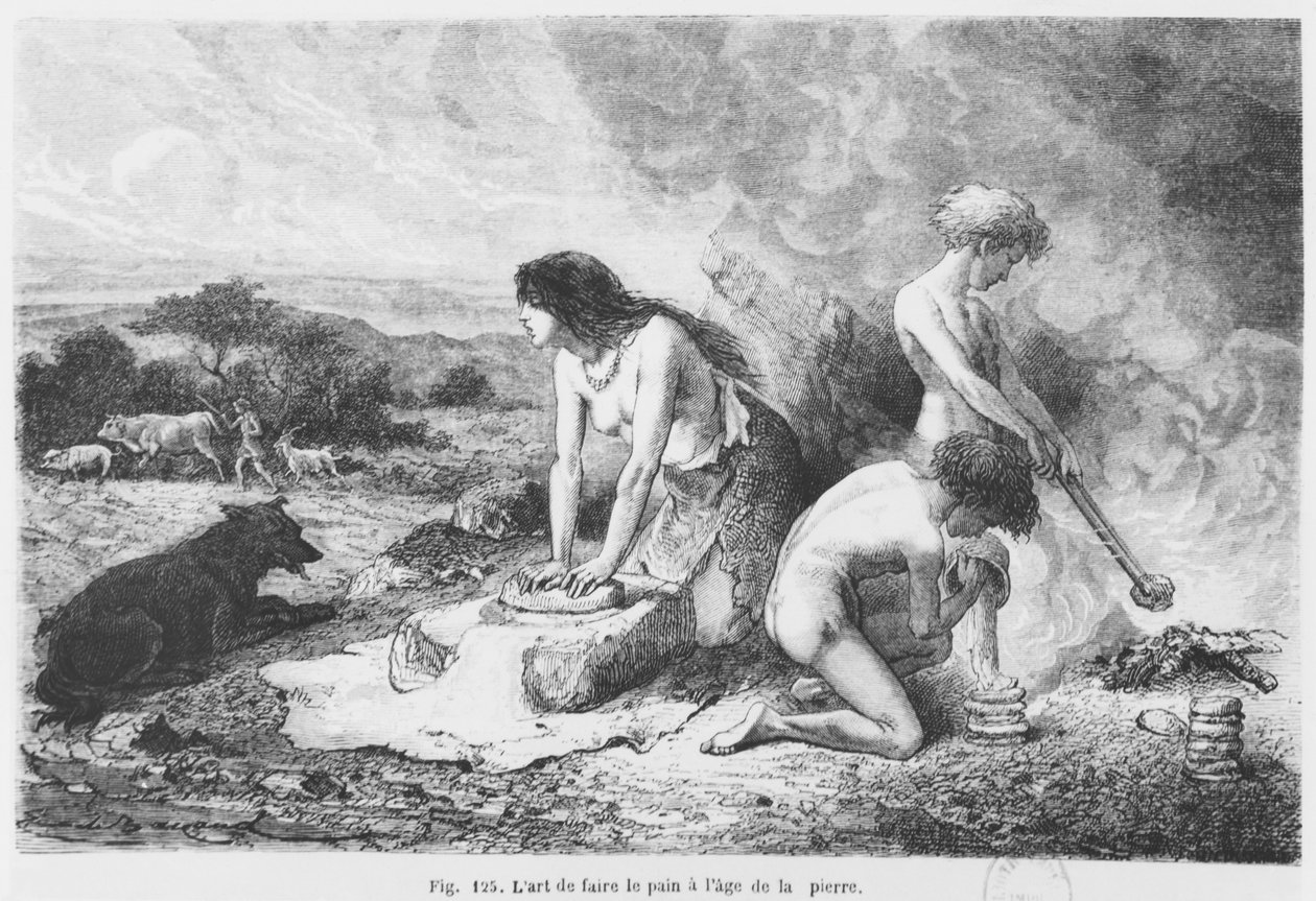 At lave brød i stenalderen, illustration fra LHomme Primitif af Louis Figuier, udgivet af Hachette, 1870 af French School